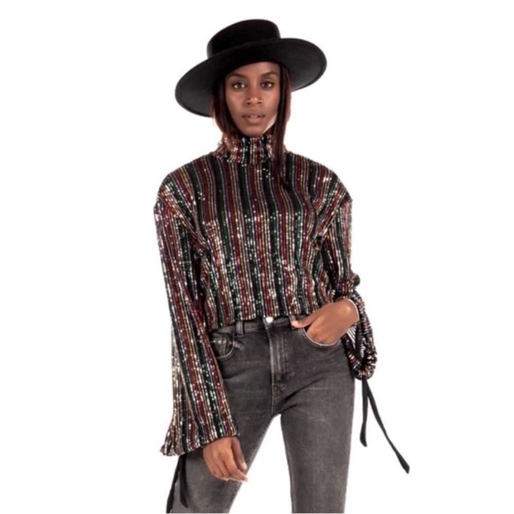 Free People Midnight City Sequin Boho Long Sleeve Top